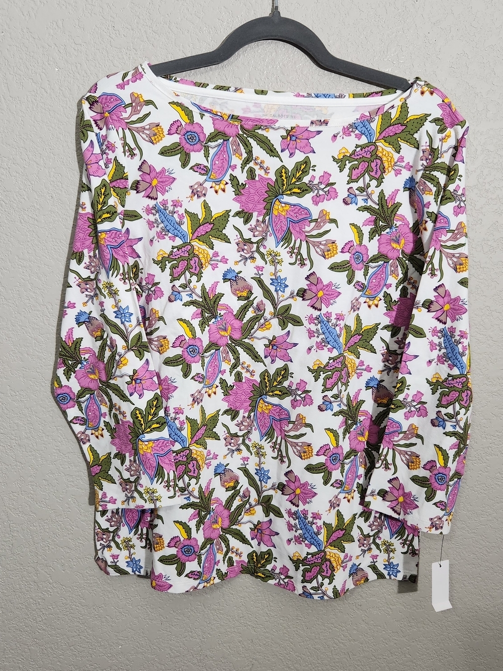 Talbots White Floral Print Boatneck Blouse with Pink, Green & Blue Accents